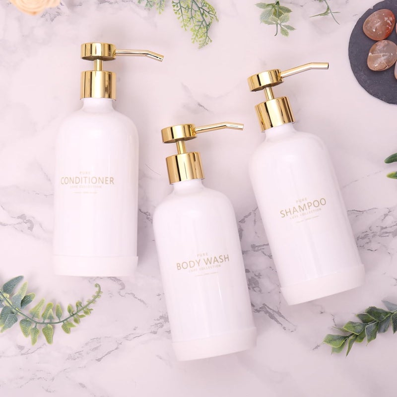 Janxin Shampoo and Conditioner Dispenser Set of 3,Refillable 20.5OZ Shampoo Bottles with Non-Slip Protective Silicone Pad,Shower Soap Dispenser with Waterproof Labels for Bathroom (White) - Image 2
